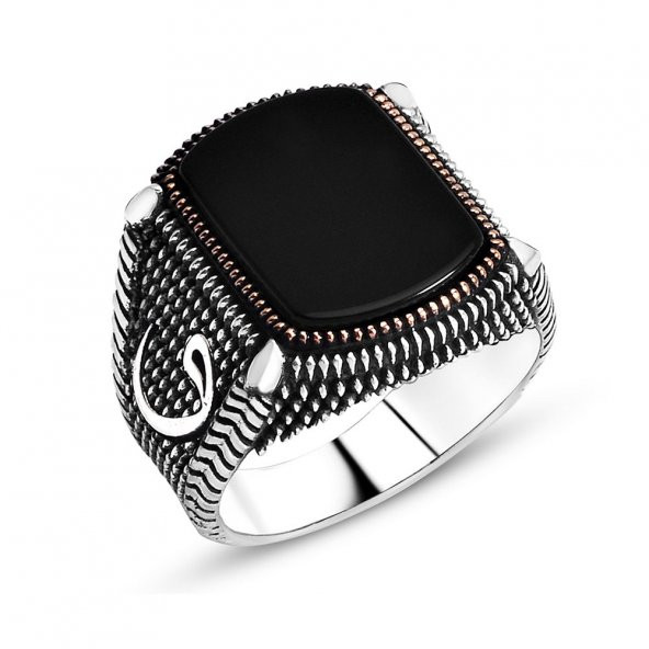 925 Ayar gümüş Vav Detaylı Oniks Taşlı Erkek Yüzük ürün görseli