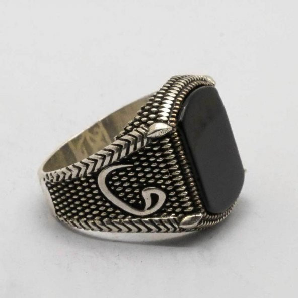 925 Ayar gümüş Vav Detaylı Oniks Taşlı Erkek Yüzük - Resim 3