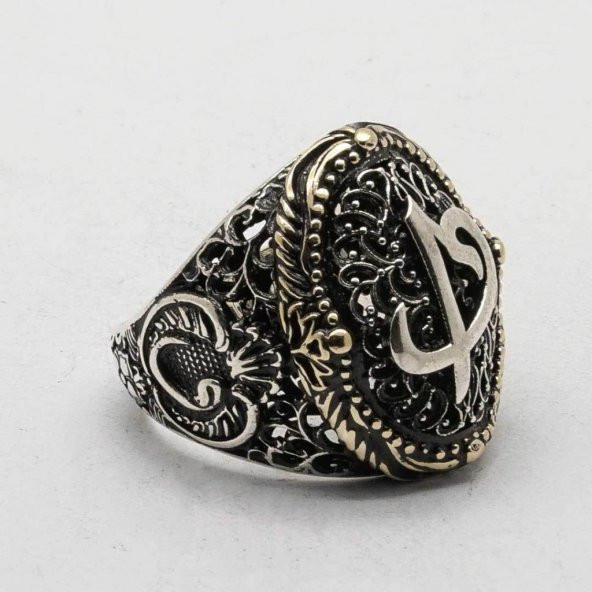 925 Ayar Gümüş  Elif Vav Erkek Yüzük - Resim 3