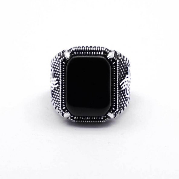 925 Ayar Gümüş Tuğralı Oniks Taşlı Yüzük - Resim 2