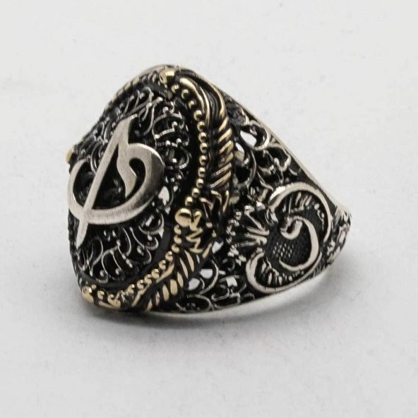925 Ayar Gümüş  Elif Vav Erkek Yüzük - Resim 5