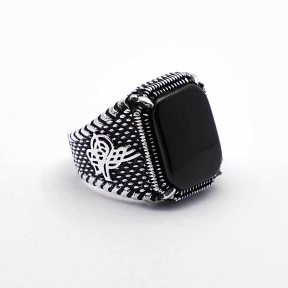 925 Ayar Gümüş Tuğralı Oniks Taşlı Yüzük - Resim 3