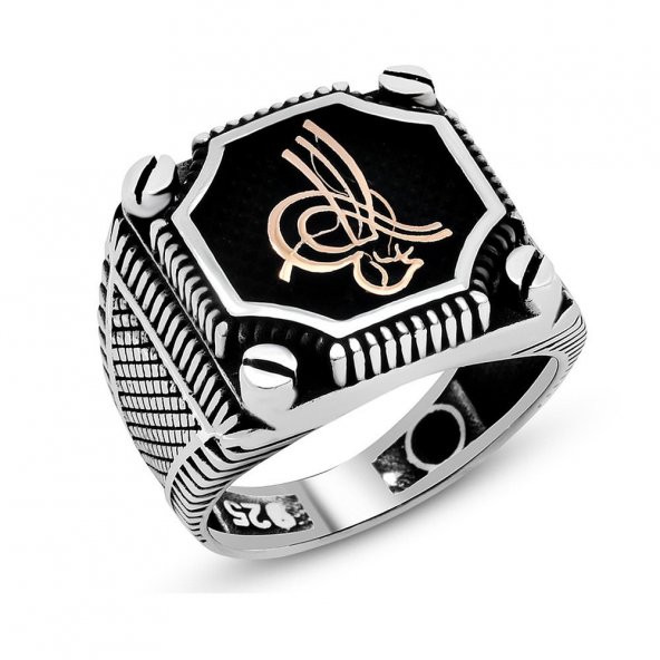 925 Ayar Gümüş Vida Desenli Tuğralı Erkek Yüzüğü ürün görseli 1