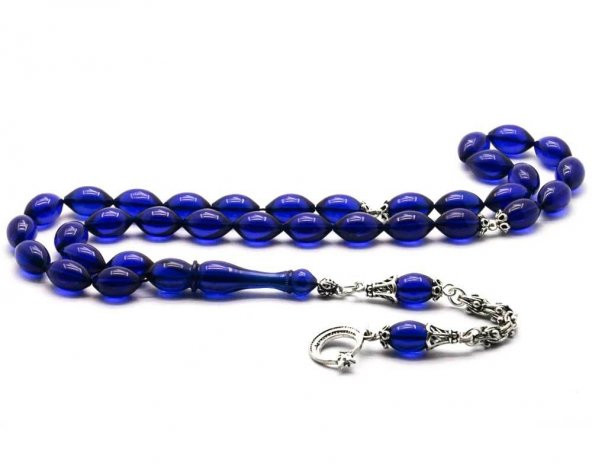 Gümüş Püsküllü Arpa Kesim Mavi Kehribar Tesbih Model 2 ürün görseli 1