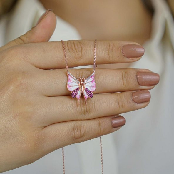 Pembe Kelebek Tasarımlı 925 Ayar Gümüş Kadın Kolye ürün görseli 1