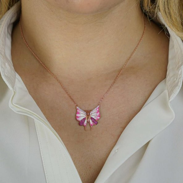 Pembe Kelebek Tasarımlı 925 Ayar Gümüş Kadın Kolye - Resim 2