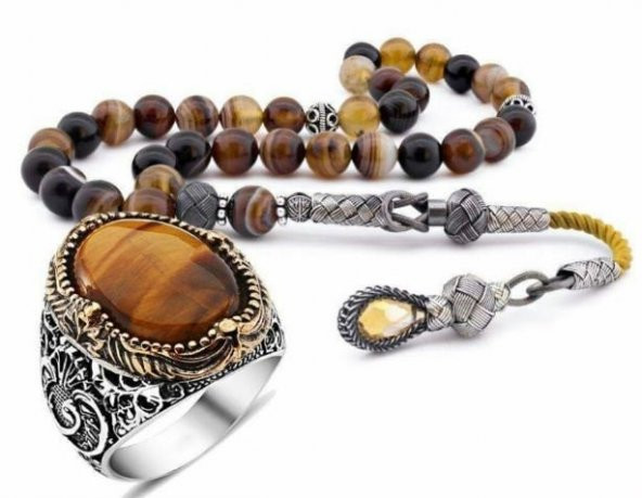 Kaplan Gözü Taşlı  Gümüş Yüzük ve Akik Taşlı Tesbih Kombini ürün görseli