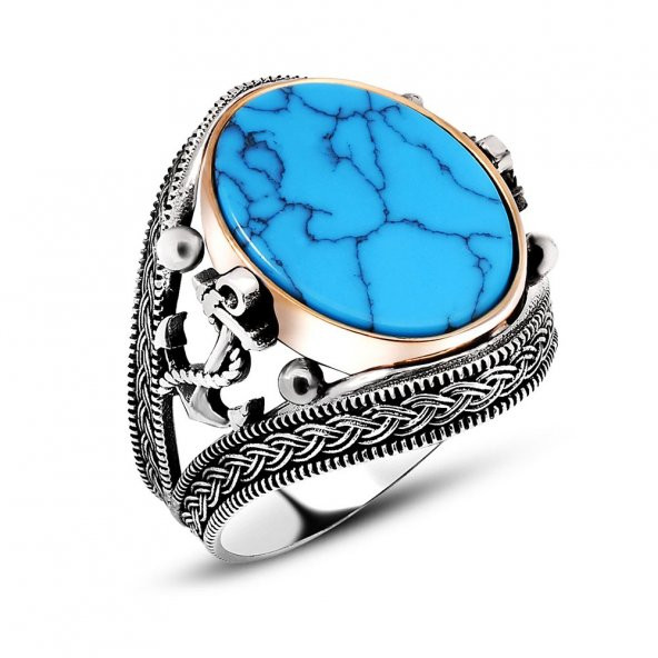 925 Ayar Gümüş Firuze Taşlı Çapa Desenli Erkek Yüzük ürün görseli