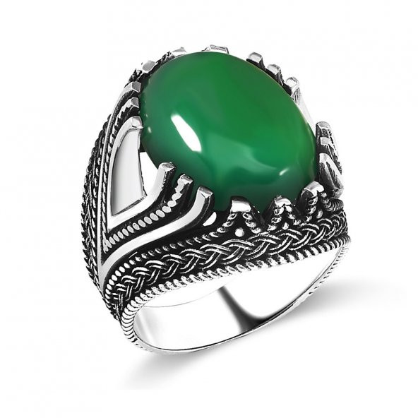 925 Ayar Gümüş Bombeli Yeşil Akik Taşlı Erkek Yüzük ürün görseli