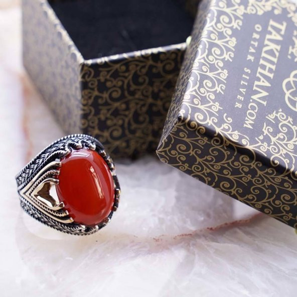 925 Ayar Gümüş Kırmızı Akik Taşlı Erkek Yüzük ürün görseli 1