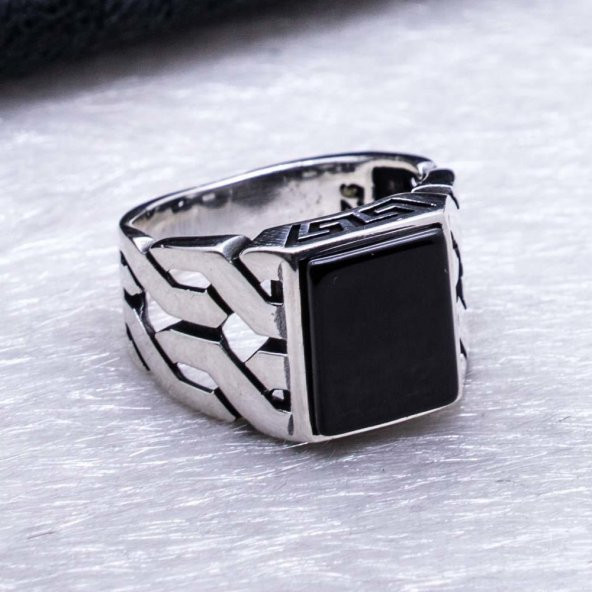 925 Ayar Gümüş Kare Oniks Taşlı Yüzük - Resim 4