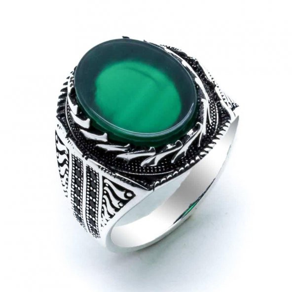 925 Ayar Gümüş Yeşil Akik Taşlı Erkek Yüzük - Resim 2