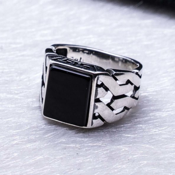 925 Ayar Gümüş Kare Oniks Taşlı Yüzük - Resim 3