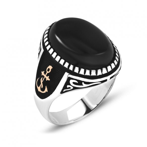 925 Ayar Çapa Desenli Oval Bombeli Oniks Taşlı Erkek Gümüş Yüzük ürün görseli 1