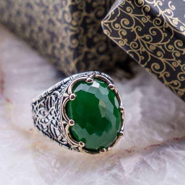 Yeşil Zirkon  Taşlı Kral Tacı Erkek Gümüş Yüzük ürün görseli 1