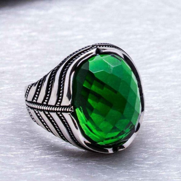 925 Ayar Gümüş Yeşil Zirkon  Taşlı  Yüzük - Resim 4