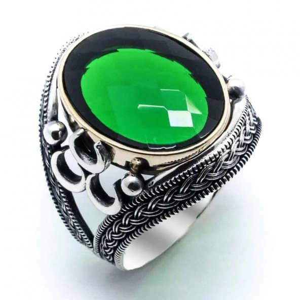 925 Yeşil Zirkon Taşlı Üç Hilal Detaylı  Yüzük - Resim 2