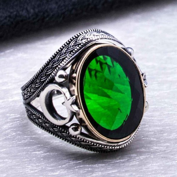 925 Ayar Gümüş Yeşil Zirkon Taşlı Ay Yıldız Detaylı Yüzük - Resim 4