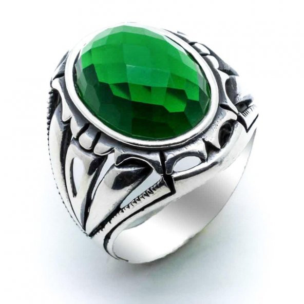 925 Ayar Gümüş Yeşil Zirkon  Taşlı Erkek Yüzük - Resim 2