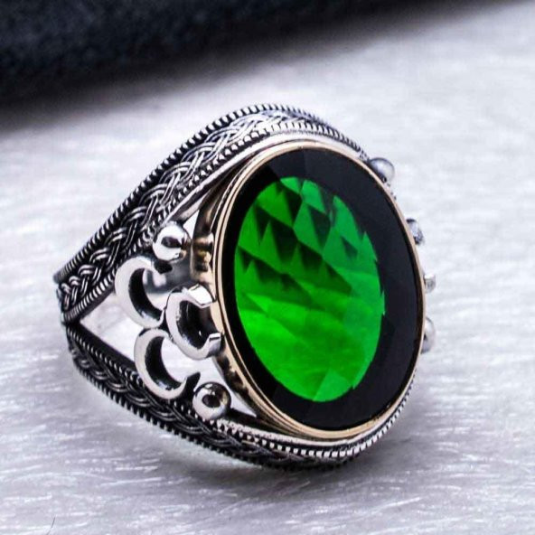 925 Yeşil Zirkon Taşlı Üç Hilal Detaylı  Yüzük - Resim 4