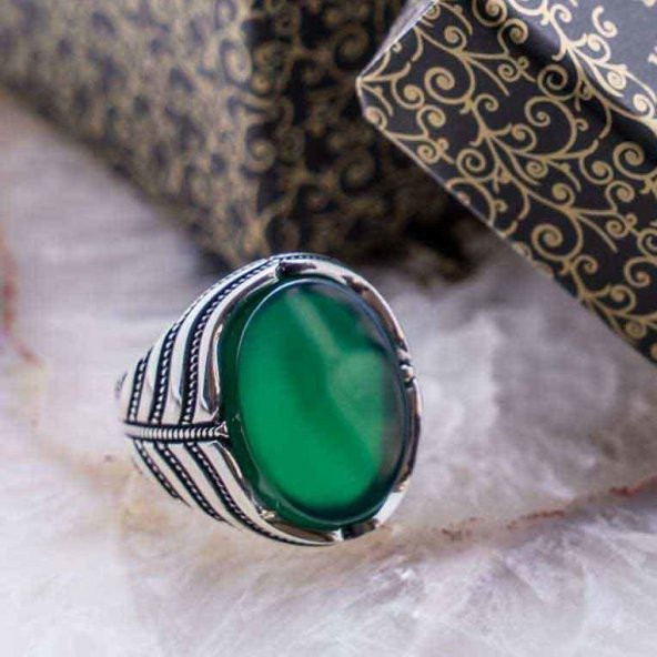 925 Ayar Gümüş Yeşil Akik  Taşlı Yüzük ürün görseli 1