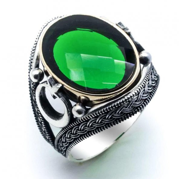 925 Ayar Gümüş Yeşil Zirkon Taşlı Ay Yıldız Detaylı Yüzük - Resim 2