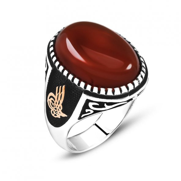 925 Ayar Gümüş Tuğra Desenli Oval Bombeli Akik Taşlı Erkek Yüzük ürün görseli