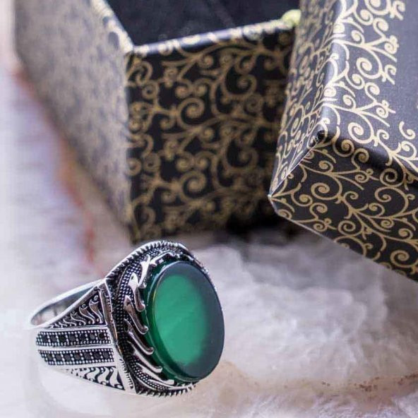925 Ayar Gümüş Yeşil Akik Taşlı Erkek Yüzük ürün görseli 1