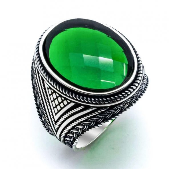 925 Ayar Gümüş Yeşil Zirkon Taşlı Erkek Yüzük Model 6 - Resim 2