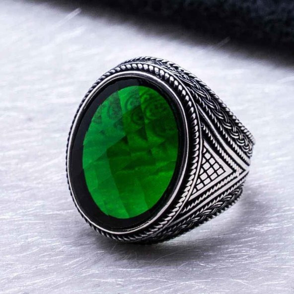 925 Ayar Gümüş Yeşil Zirkon Taşlı Erkek Yüzük Model 6 - Resim 3