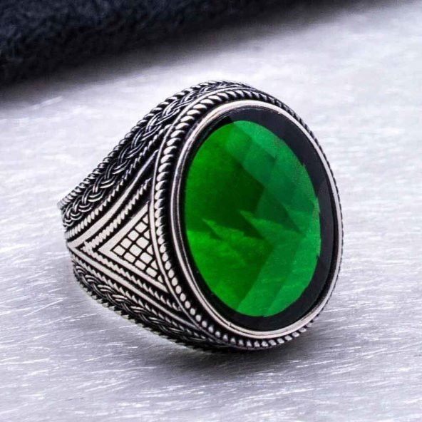 925 Ayar Gümüş Yeşil Zirkon Taşlı Erkek Yüzük Model 6 - Resim 4