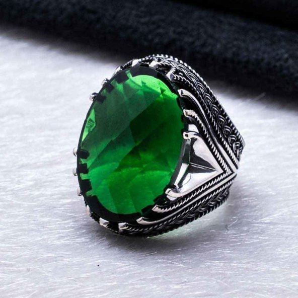 925 Ayar Gümüş Yeşil Zirkon  Taşlı  Erkek Yüzük - Resim 3