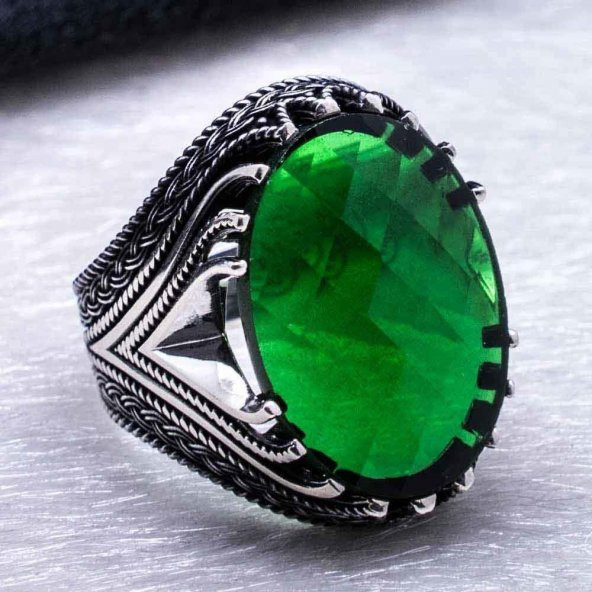 925 Ayar Gümüş Yeşil Zirkon  Taşlı  Erkek Yüzük - Resim 4