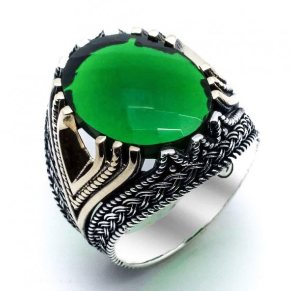 925 Ayar Gümüş Yeşil Zirkon Taşlı Yüzük - Resim 2