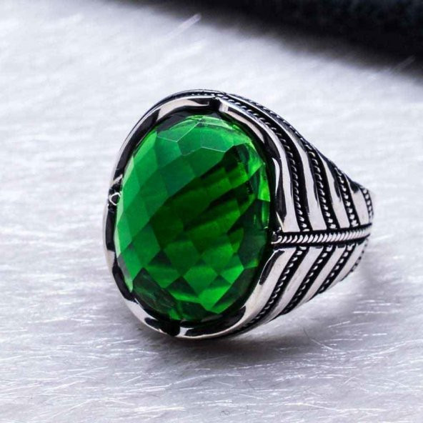 925 Ayar Gümüş Yeşil Zirkon  Taşlı  Yüzük - Resim 3