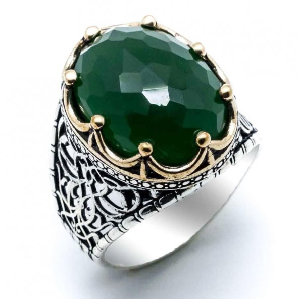 Yeşil Zirkon  Taşlı Kral Tacı Erkek Gümüş Yüzük - Resim 2