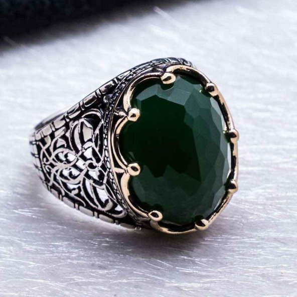 Yeşil Zirkon  Taşlı Kral Tacı Erkek Gümüş Yüzük - Resim 4