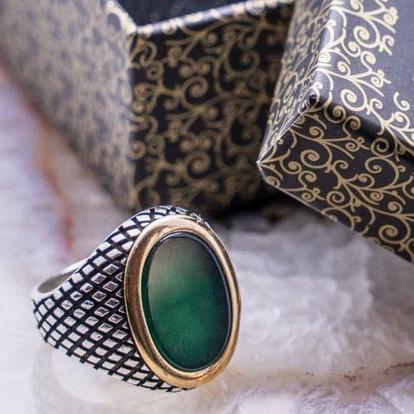 925 Ayar Gümüş Yeşil Akik Taşlı Erkek Yüzük ürün görseli 1