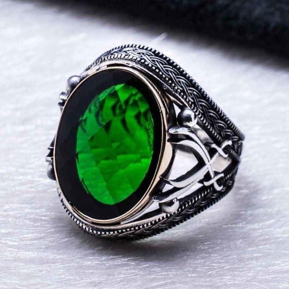 925 Ayar Gümüş Yeşil Zirkon Taşlı Kılıç Detaylı  Yüzük - Resim 3