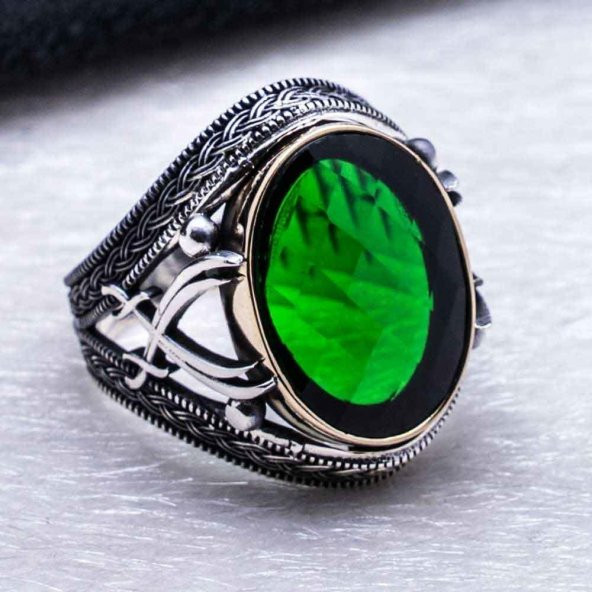 925 Ayar Gümüş Yeşil Zirkon Taşlı Kılıç Detaylı  Yüzük - Resim 4