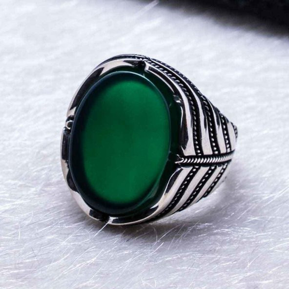 925 Ayar Gümüş Yeşil Akik  Taşlı Yüzük - Resim 3