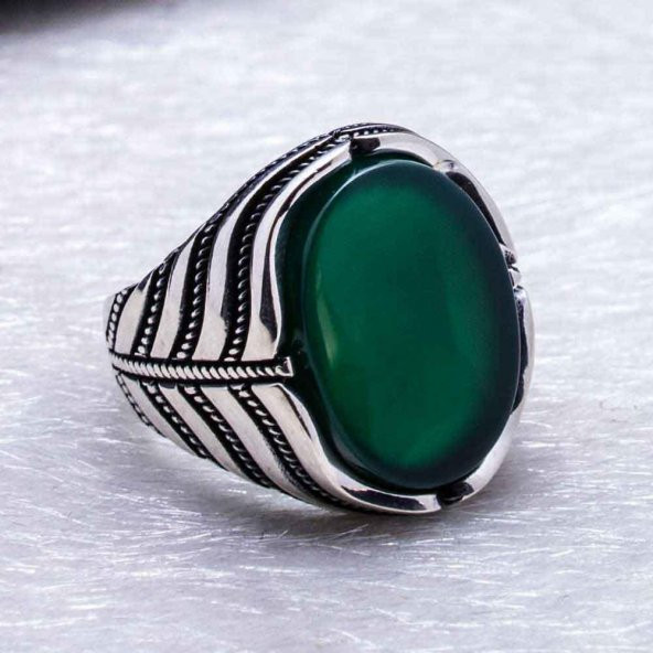 925 Ayar Gümüş Yeşil Akik  Taşlı Yüzük - Resim 4