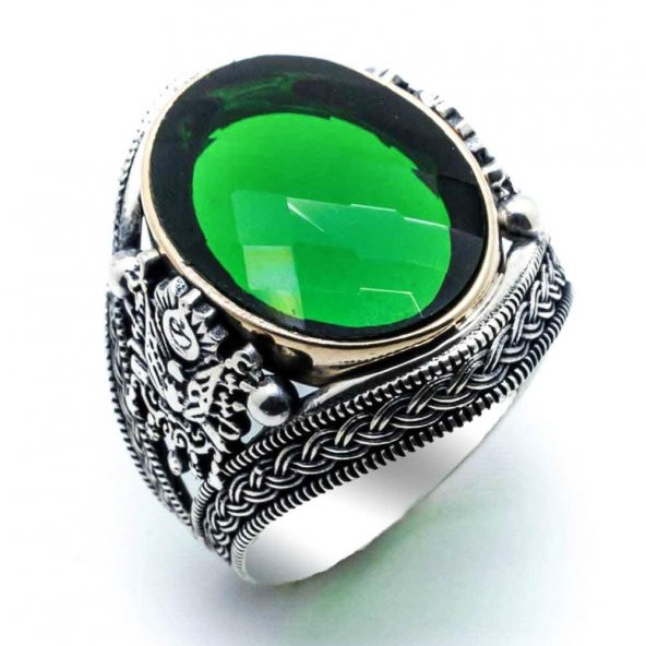 925 Ayar Gümüş  Yeşil Zirkon  Taşlı Devlet Arması Detaylı Yüzük - Resim 2