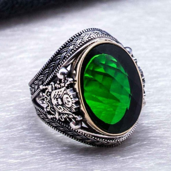 925 Ayar Gümüş  Yeşil Zirkon  Taşlı Devlet Arması Detaylı Yüzük - Resim 4