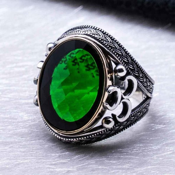 925 Yeşil Zirkon Taşlı Üç Hilal Detaylı  Yüzük - Resim 3