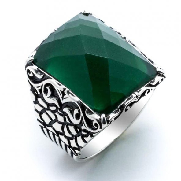 925 Ayar Gümüş Yeşil Zirkon Taşlı Erkek  Yüzük - Resim 2