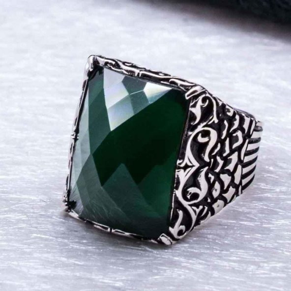 925 Ayar Gümüş Yeşil Zirkon Taşlı Erkek  Yüzük - Resim 3