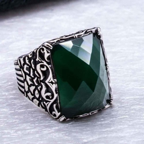 925 Ayar Gümüş Yeşil Zirkon Taşlı Erkek  Yüzük - Resim 4