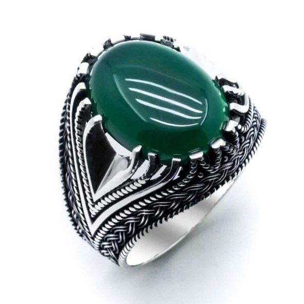 925 Ayar Gümüş Yeşil Akik Taşlı Erkek Yüzük - Resim 2