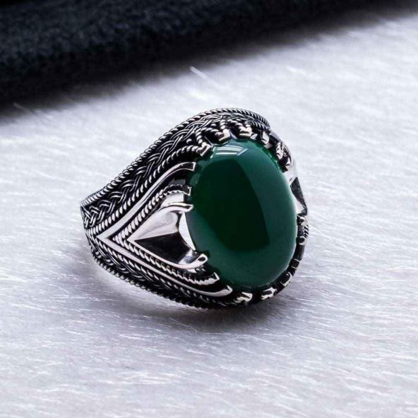 925 Ayar Gümüş Yeşil Akik Taşlı Erkek Yüzük - Resim 4